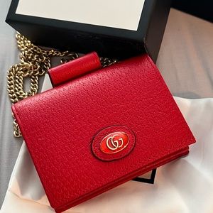 GUCCI Red leather OPHIDIA GG logo Mini hardcase wallet on Chain NIB Authentic!